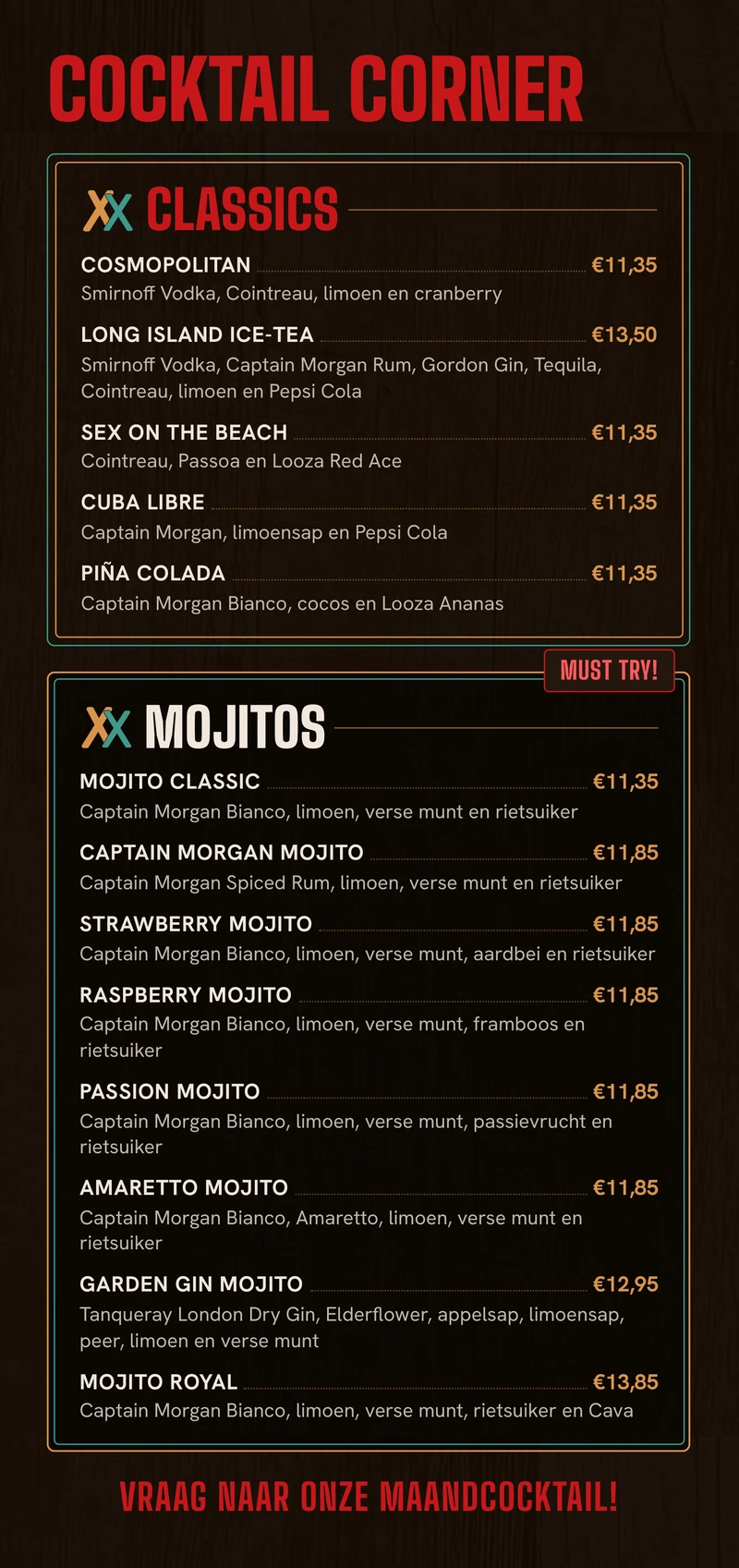 Drankkaart, binnen links: classics en mojito's
