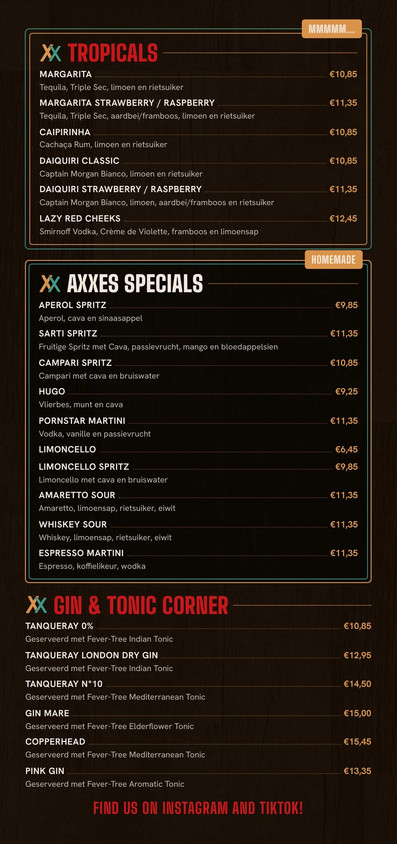 Drankkaart, binnen midden: tropicals, AXXES specials, gin-tonic