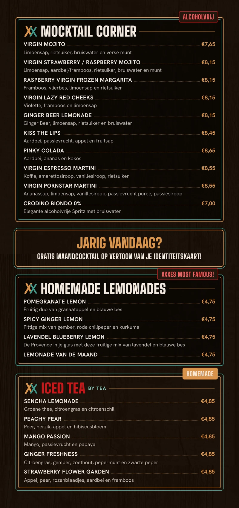Drankkaart, binnen rechts: mocktails, lemonades, iced tea