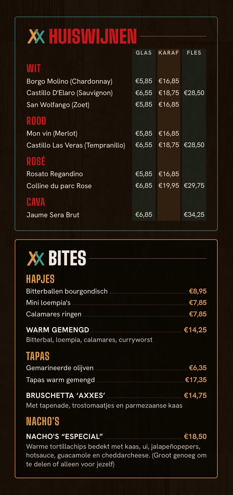 Drankkaart, binnenflap: huiswijnen en bites