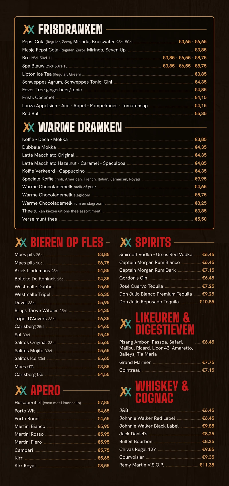 Drankkaart, achterkant: frisdrank, warme dranken, bier, spirits