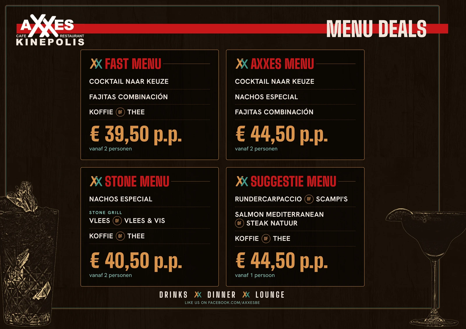 Achterkant van de placemat: vier menu deals (Fast menu, AXXES menu, Stone menu, Suggestie menu) met prijs per persoon