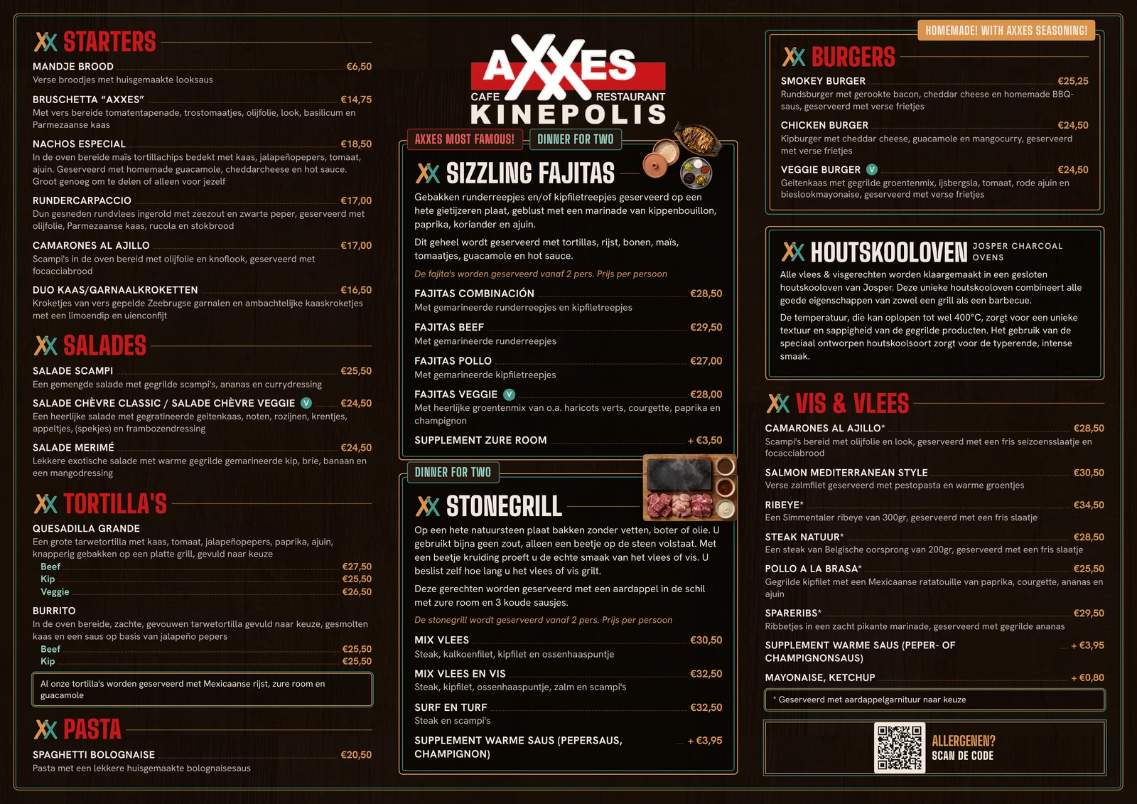 Voorkant van de placemat op donker barnhout: starters, salades, sizzling fajitas, stonegrill, burgers, houtskooloven en vis en vlees met prijzen